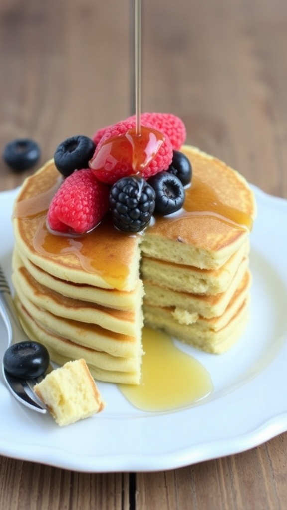 Fluffy oatmeal pancakes topped with berries and syrup on a rustic wooden table.